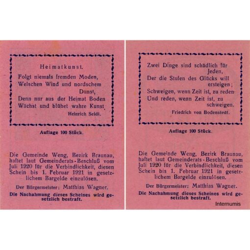 Weng(OÖ) - 2x 10 Heller, Haus, Baum, P.dunkelrosa, Dr.bds.blau, Nr.18, Juli 1920 - 1.2.1921, Aufl. 100 Stück, (KKN.1171)III)Nr.18) Erh. I-