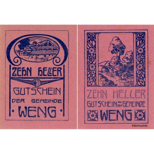 Weng(OÖ) - 2x 10 Heller, Haus, Baum, P.dunkelrosa, Dr.bds.blau, Nr.18, Juli 1920 - 1.2.1921, Aufl. 100 Stück, (KKN.1171)III)Nr.18) Erh. I- – Bild 2