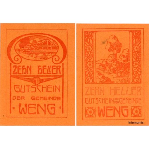 Weng(OÖ) - 2x 10 Heller, Haus,Baum, P.orange, Druck bds.rot, Nr.3, Juli 1920 - 1.2.1921, Aufl. 100 Stück, (KKN.1171)III)Nr.3) Erh. I – Bild 2